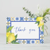 Blue Tiles Lemons Brautparty Sign Dankeskarte (Stehend Vorderseite)