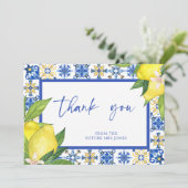 Blue Tiles Lemons Brautparty Sign Dankeskarte (Stehend Vorderseite)