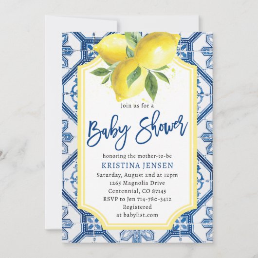 Blue Tiles Lemons Capri Baby Dusche Einladung (Vorderseite)