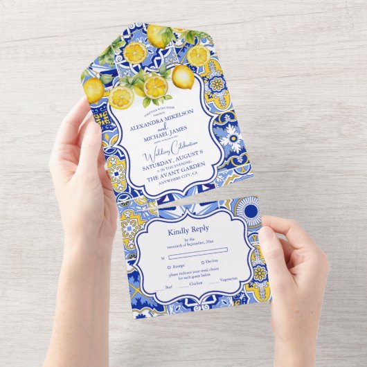 Blue tiles Lemons Wedding All In One Einladung (Abreißen)
