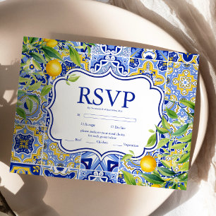 Blue tiles Lemons Wedding RSVP Karte