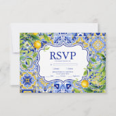 Blue tiles Lemons Wedding RSVP Karte (Vorderseite)