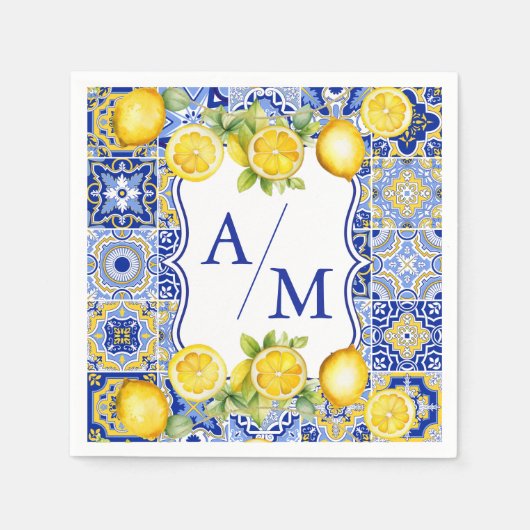 Blue tiles Lemons Wedding Serviette (Vorderseite)
