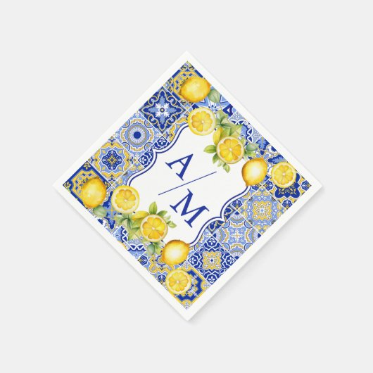 Blue tiles Lemons Wedding Serviette (Ecke)
