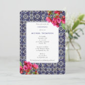Blue Tiles Mediterranean Bougainvillea Taufe Einladung (Stehend Vorderseite)