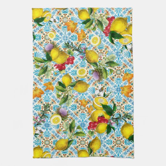 Blue tiles Mediterranean Floral  Geschirrtuch (Vertikal)