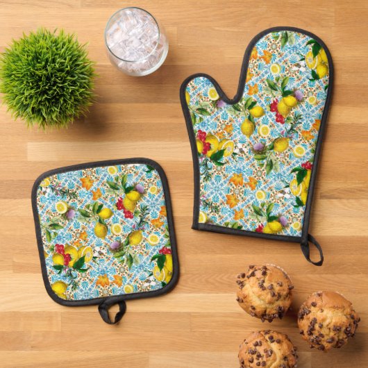 Blue tiles Mediterranean Floral Ofenhandschuh & Topflappen-Set (Oben Unten)
