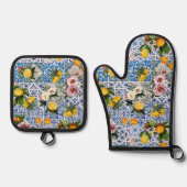 Blue tiles Mediterranean Floral Ofenhandschuh & Topflappen-Set (Vorderseite)