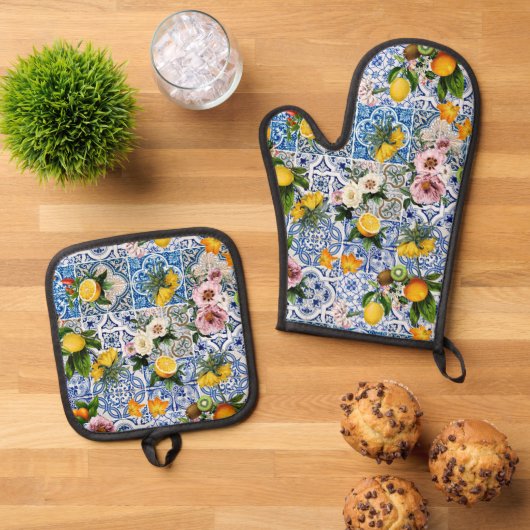 Blue tiles Mediterranean Floral Ofenhandschuh & Topflappen-Set (Oben Unten)