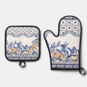 Blue tiles Mediterranean Floral  Ofenhandschuh & Topflappen-Set (Vorderseite)
