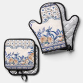 Blue tiles Mediterranean Floral  Ofenhandschuh & Topflappen-Set (Vorderseite/Rückseite)