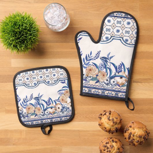 Blue tiles Mediterranean Floral  Ofenhandschuh & Topflappen-Set (Oben Unten)