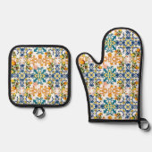 Blue tiles Mediterranean Floral Ofenhandschuh & Topflappen-Set (Vorderseite)