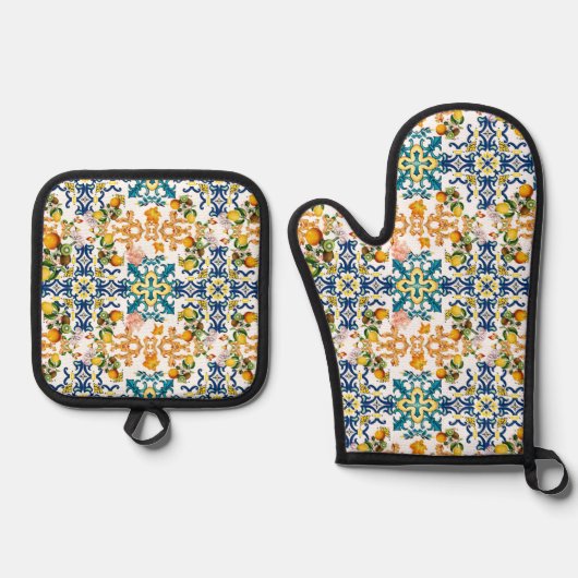 Blue tiles Mediterranean Floral  Ofenhandschuh & Topflappen-Set (Vorderseite)