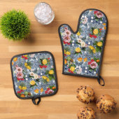 Blue tiles Mediterranean Floral  Ofenhandschuh & Topflappen-Set (Oben Unten)