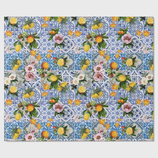 Blue Tiles Mediterranean Pattern Geschenkpapier (Flach)