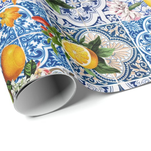 Blue Tiles Mediterranean Pattern Geschenkpapier (Rolleneckpunkt)