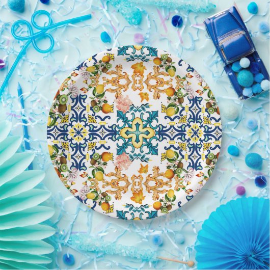 Blue Tiles Mediterranean Pattern Pappteller (Party)