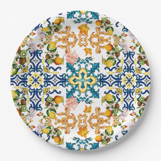 Blue Tiles Mediterranean Pattern Pappteller (Vorderseite)