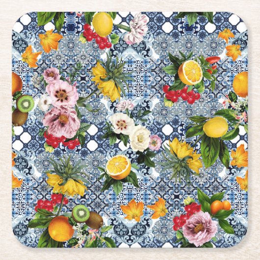 Blue Tiles Mediterranean Pattern  Rechteckiger Pappuntersetzer (Vorderseite)