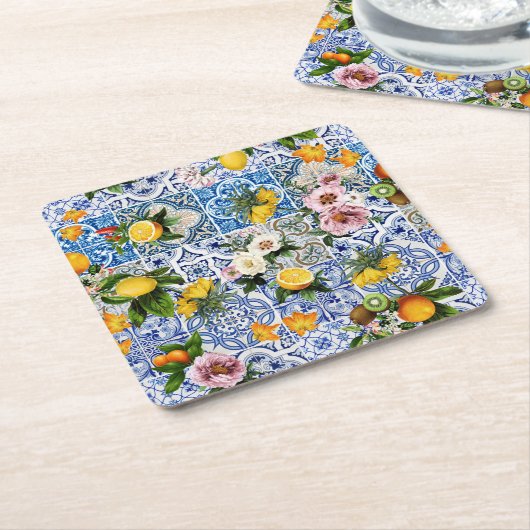 Blue Tiles Mediterranean Pattern  Rechteckiger Pappuntersetzer (angewinkelt)