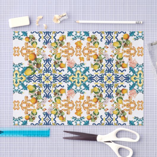 Blue Tiles Mediterranean Pattern Seidenpapier (Handwerk)
