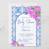 Blue Tiles und Bougainvillea elegante Baby-Dusche Einladung (Vorderseite)