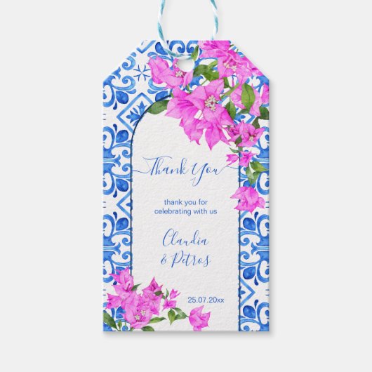 Blue Tiles und Bougainvillea elegante Dankeschön Geschenkanhänger (Vorderseite)