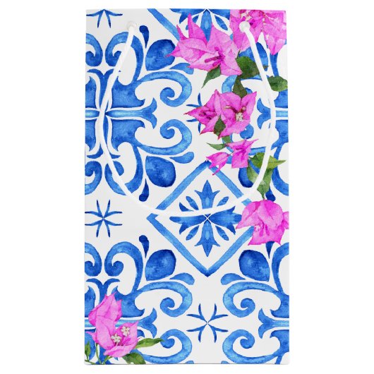 Blue Tiles und Bougainvillea elegante Dankeschön Kleine Geschenktüte (Rückseite)