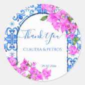 Blue Tiles und Bougainvillea elegante Dankeschön Runder Aufkleber (Vorderseite)