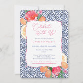 Blue Tiles Vivid Florals Citrus Celebrate mit uns Einladung (Vorderseite)