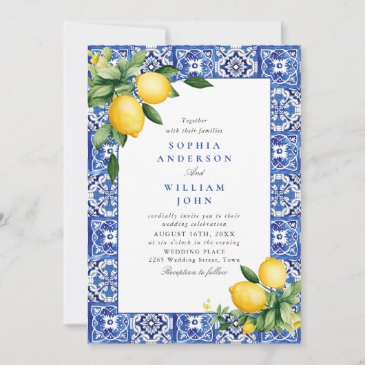 Blue Tiles Wedding Lemons Einladung (Vorderseite)