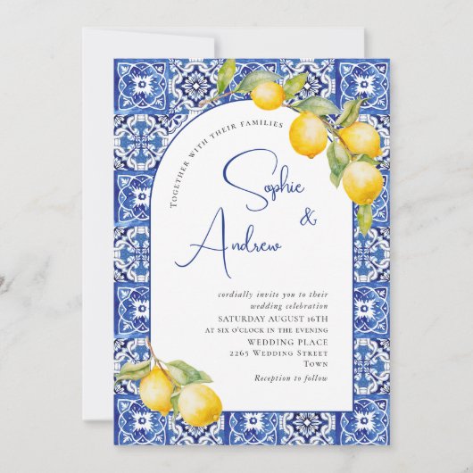 Blue Tiles Wedding Lemons Einladung (Vorderseite)