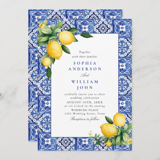 Blue Tiles Wedding Lemons Einladung (Vorne/Hinten)
