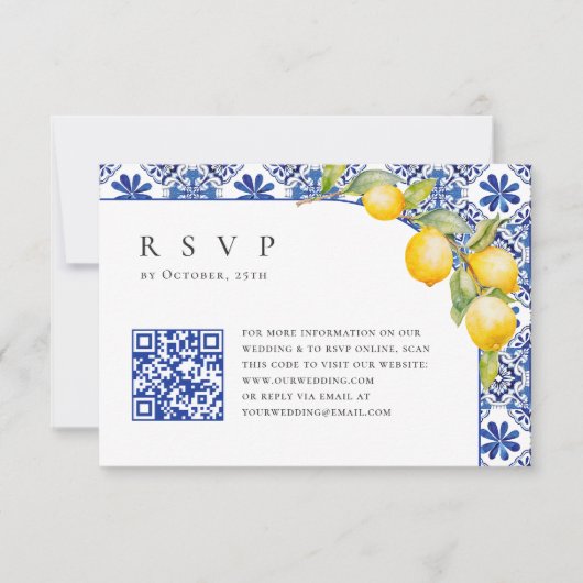 Blue Tiles Wedding QR Code RSVP Karte (Vorderseite)