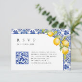 Blue Tiles Wedding QR Code RSVP Karte (Stehend Vorderseite)