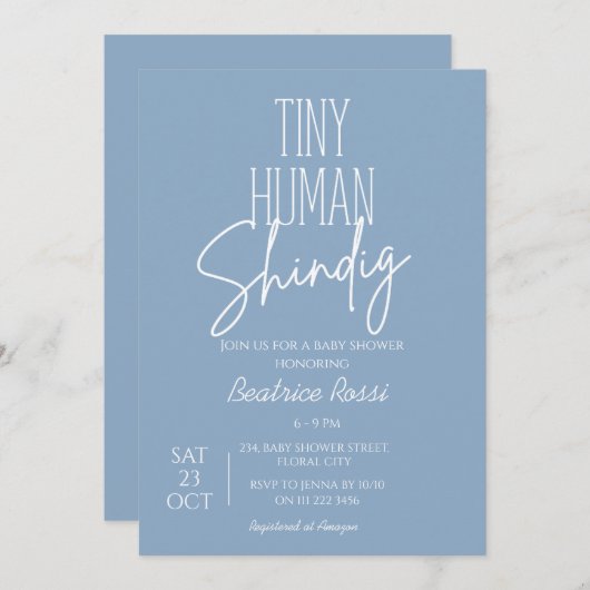 Blue Tiny Human Shindig Neutral Modern Baby Dusche Einladung (Vorne/Hinten)