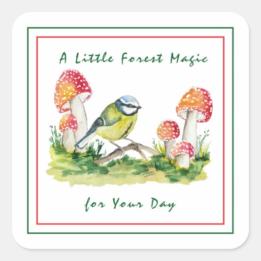 Blue Tit and Fly Agaric Watercolor Quadratischer Aufkleber (Vorderseite)