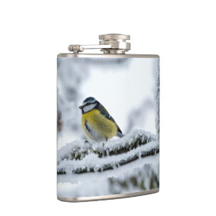 Blue Tit Bird auf der Snowy Branch Flachmann