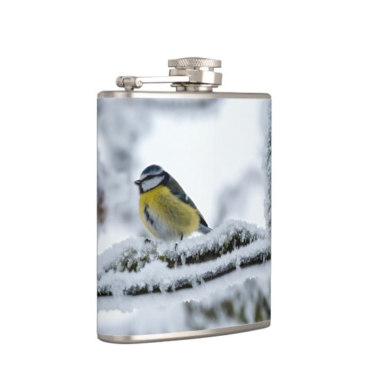 Blue Tit Bird auf der Snowy Branch Flachmann (Rechts)