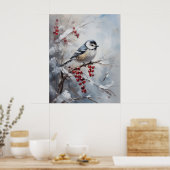 Blue Tit Bird on Snowy Berries Winter Art Poster (Küche)