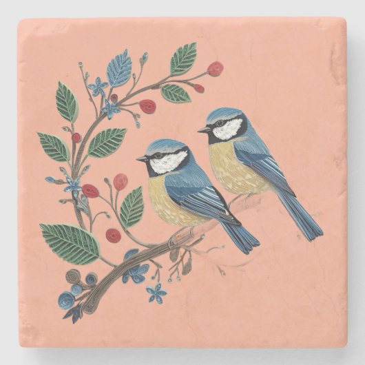 Blue tit birds on a vine Quilling design Steinuntersetzer (Vorderseite)