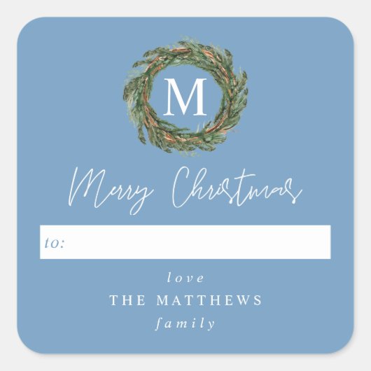 Blue to Wreath Monogram Frohe Weihnachten Quadratischer Aufkleber (Vorderseite)