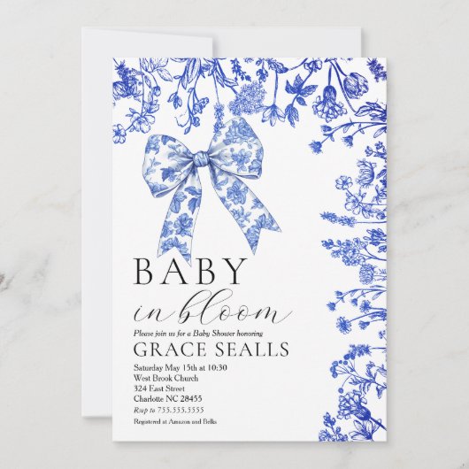 Blue Toile Bow Baby Dusche Einladung (Vorderseite)