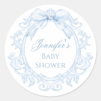 Blue Toile Bow Frame Chic Baby Boy Shower Runder Aufkleber