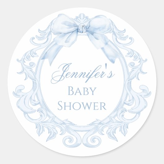 Blue Toile Bow Frame Chic Baby Boy Shower Runder Aufkleber (Vorderseite)