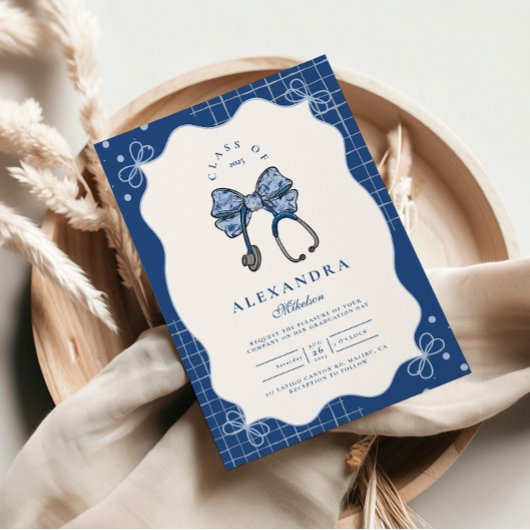 Blue Toile Bow Nurse School Grad Einladung