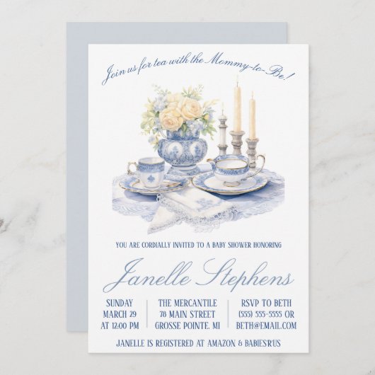 Blue Toile China, Viktorianisch Tee Party Babydusc Einladung (Vorne/Hinten)