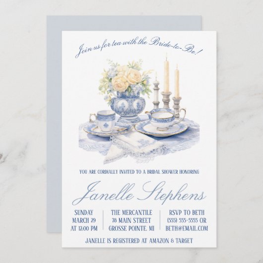 Blue Toile China Viktorianisch Tee Party Brautpart Einladung (Vorne/Hinten)