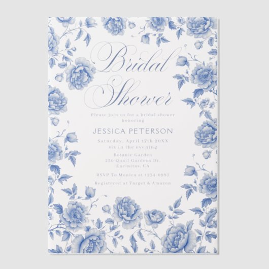 Blue Toile Chinoiserie Blumengarten Brautparty Pergament Einladungen (Vorderseite)